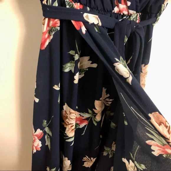 Navy Maxi Wrap Dress with Flowers and Sleeves - Picture 4 of 9